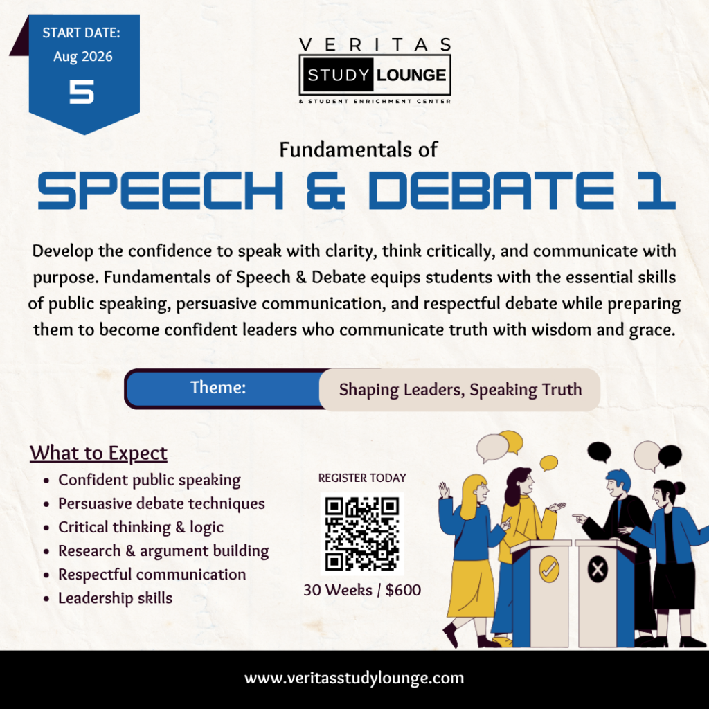 Fundamentals of Speech & Debate 1 course flyer: Aug 2026, $600, shaping leaders, speaking truth.