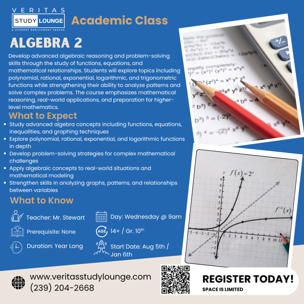 Algebra 2 course poster: learn functions, equations, inequalities, graphing. Teacher Mr. Stewart.