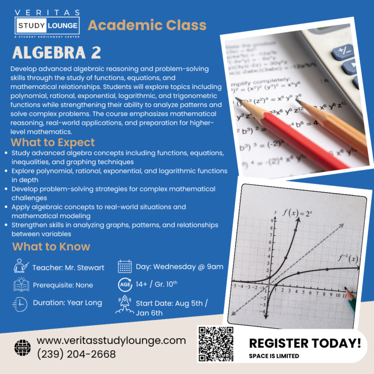 Algebra 2 course poster: learn functions, equations, inequalities, graphing. Teacher Mr. Stewart.