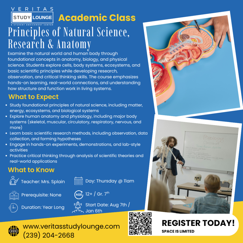 Veritas Study Lounge: Natural Science, Research & Anatomy class poster with anatomical models.