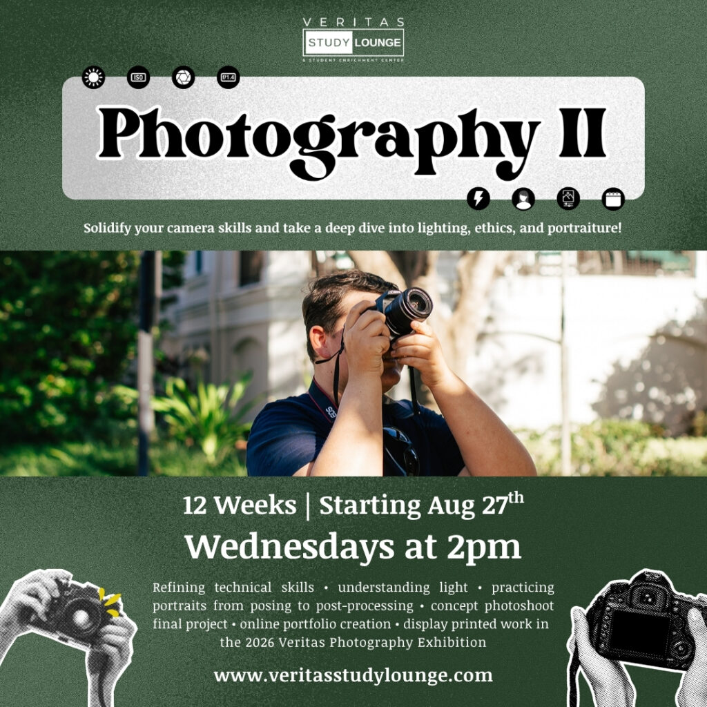 Veritas Study Lounge Photography II class poster with dates and details