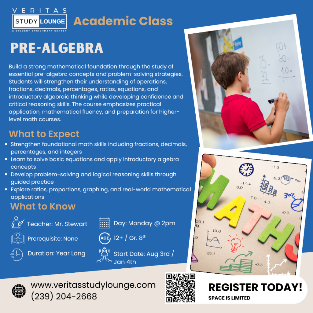 Veritas Study Lounge Pre-Algebra class flyer with student and math graphics.
