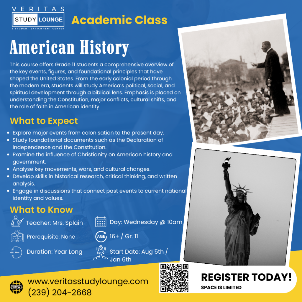 American History course flyer: Statue of Liberty, historical figures, and class details