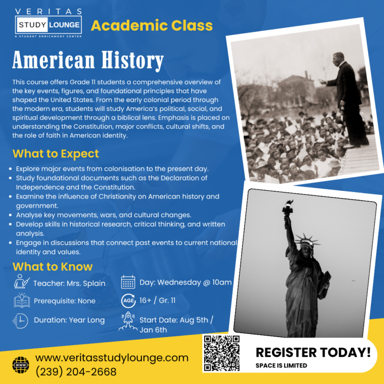American History course flyer: Statue of Liberty, historical figures, and class details
