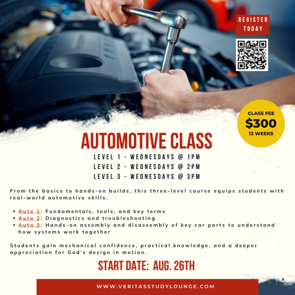 Automotive class flyer: Hands-on car repair, registration info, class levels, and start date Aug. 26th.