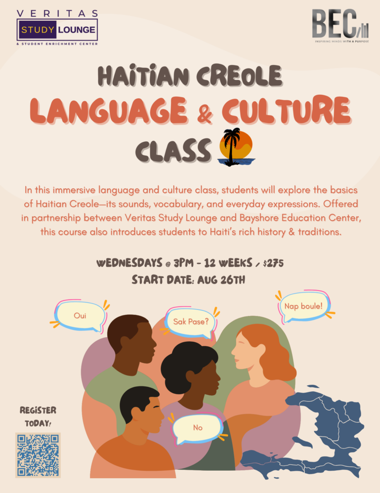 Haitian Creole Language & Culture Class flyer with diverse people speaking.