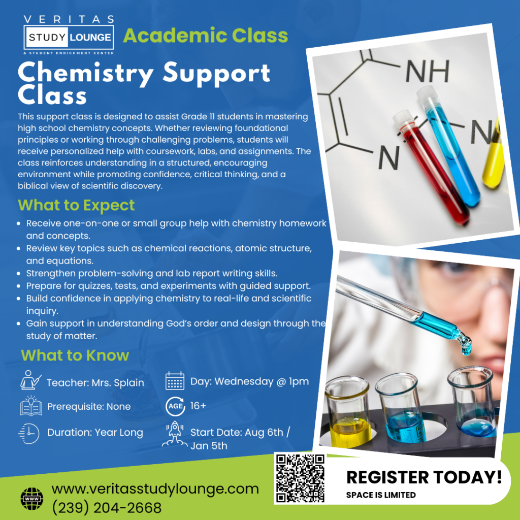 Veritas Study Lounge Chemistry Support Class flyer with lab equipment and chemical structures.