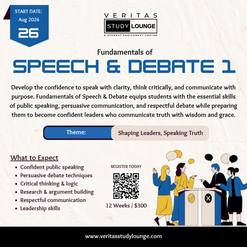 Speech & Debate fundamentals course flyer: Aug 2026, 12 weeks/$300