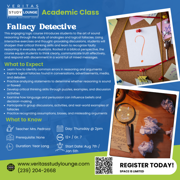 Fallacy Detective course flyer: Learn reasoning, logic, and critical thinking skills.