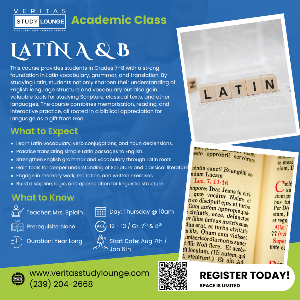 Veritas Study Lounge Latin A & B course flyer with details.