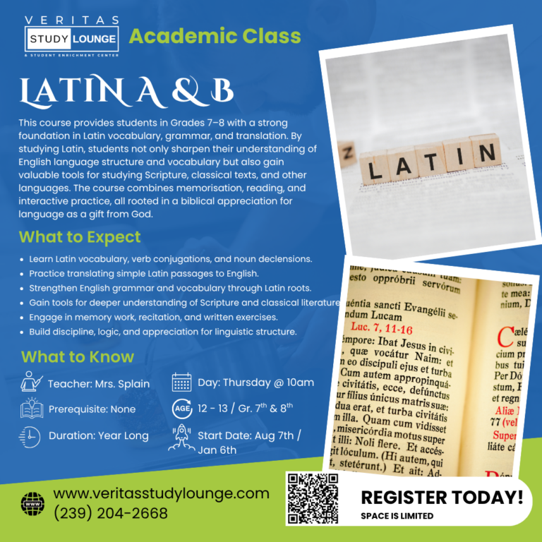 Veritas Study Lounge Latin A & B course flyer with details.