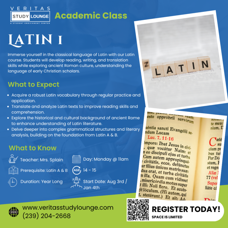 Veritas Study Lounge Latin 1 course poster with text and Roman-inspired design