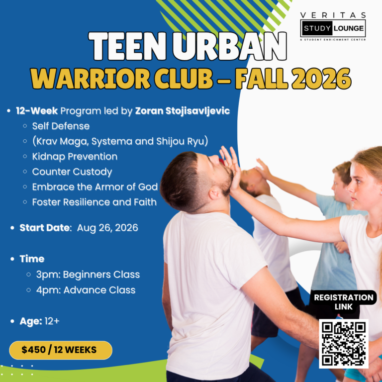 Teen Urban Warrior Club Fall 2026 flyer: self-defense, Krav Maga, Kidnap Prevention. Ages 12+.