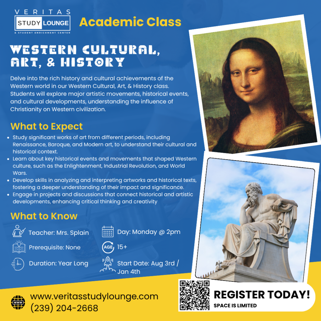 Veritas Study Lounge: Western Cultural, Art, & History class flyer with Mona Lisa and Roman statue.