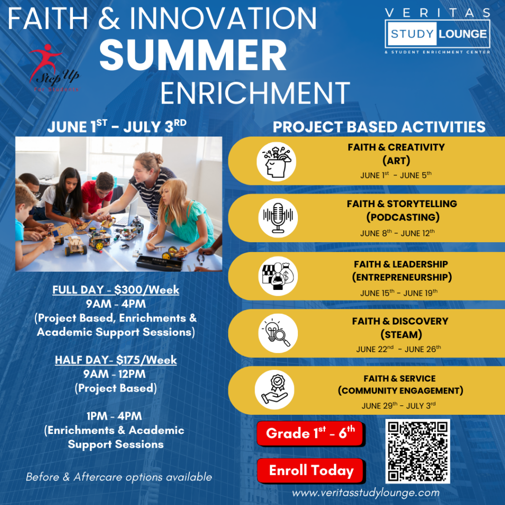 Faith & Innovation Summer Enrichment program flyer, June 1st-July 3rd. Project-based activities for grades 1-6.