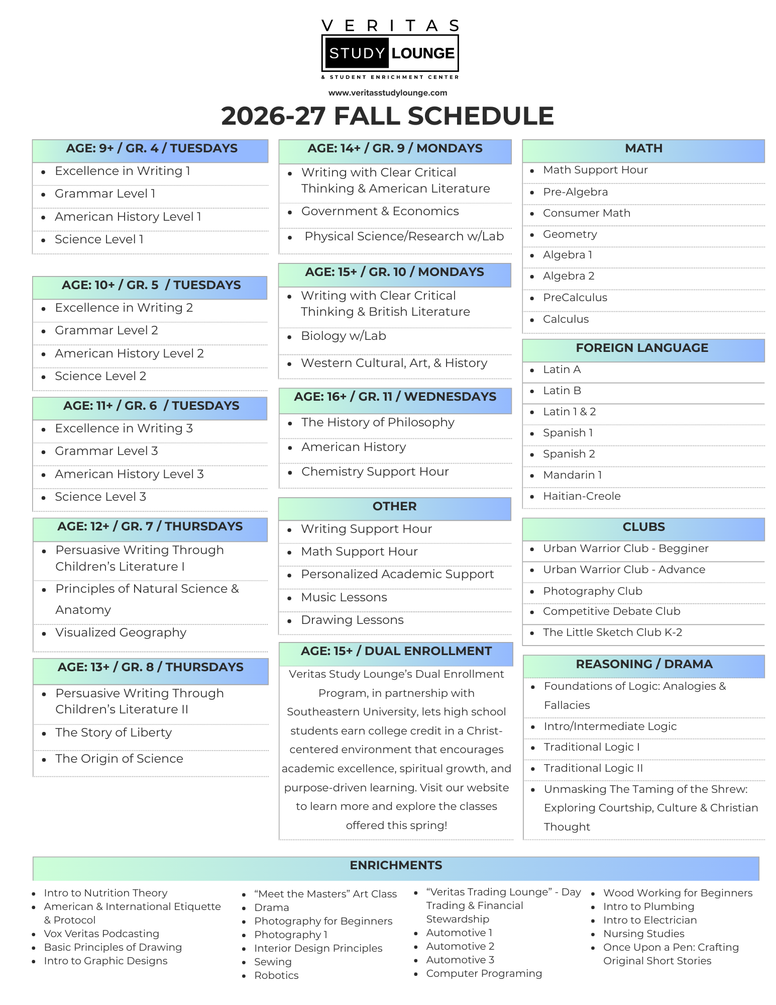 Veritas Study Lounge's 2026-27 Fall Schedule: Course offerings for grades 4-12 in math, science, language, and enrichment.