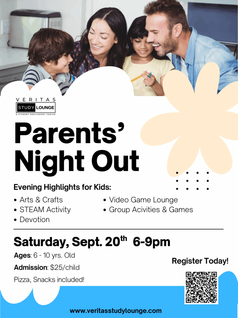 Parents' Night Out event flyer featuring kids' activities like arts, STEAM, and games.