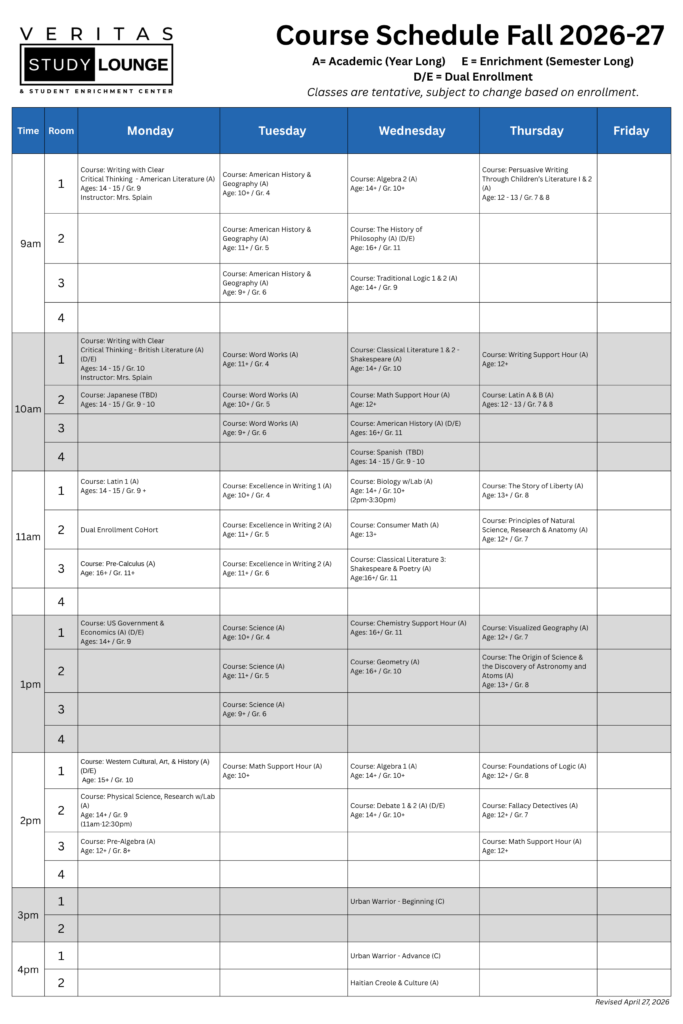 Veritas Study Lounge 2026-27 academic year course schedule, showing hybrid classes.