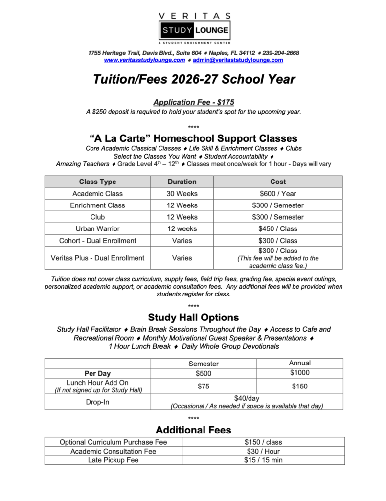 Veritas Study Lounge tuition and fees for 2026-27 academic year.