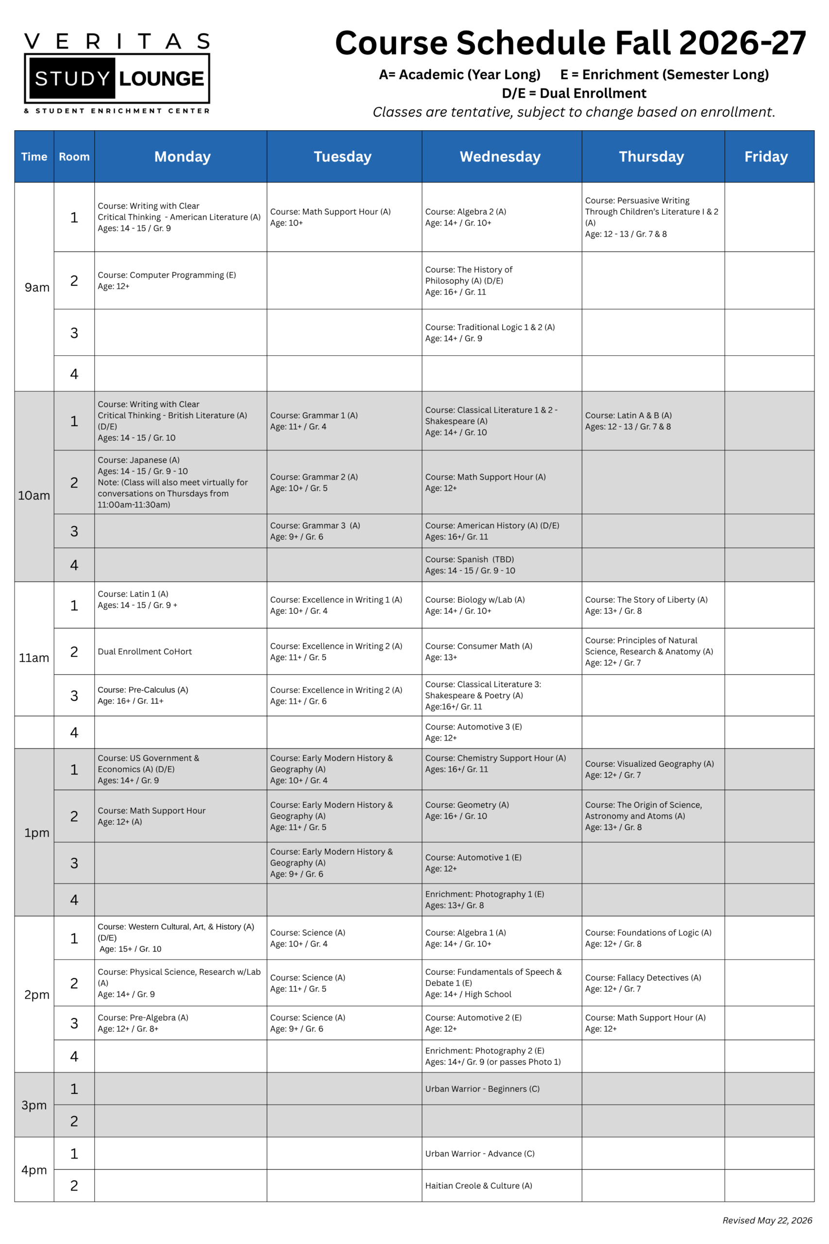 Veritas Study Lounge 2025-26 academic course schedule by day and time.