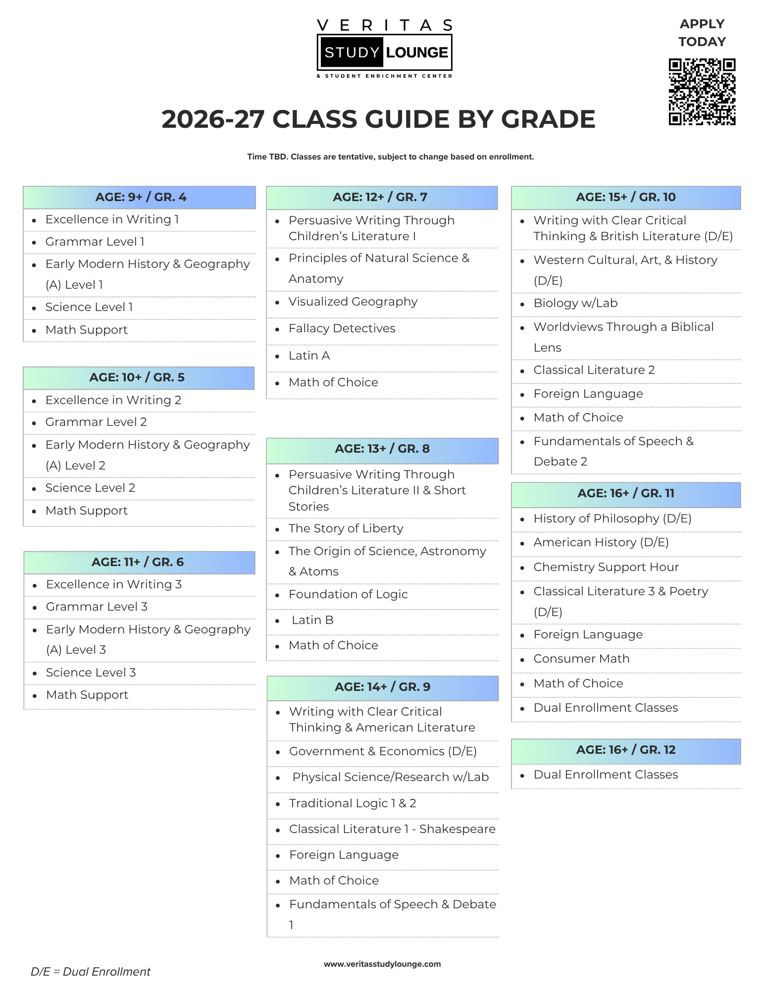 2026-27 Veritas Study Lounge course guide by grade and age.