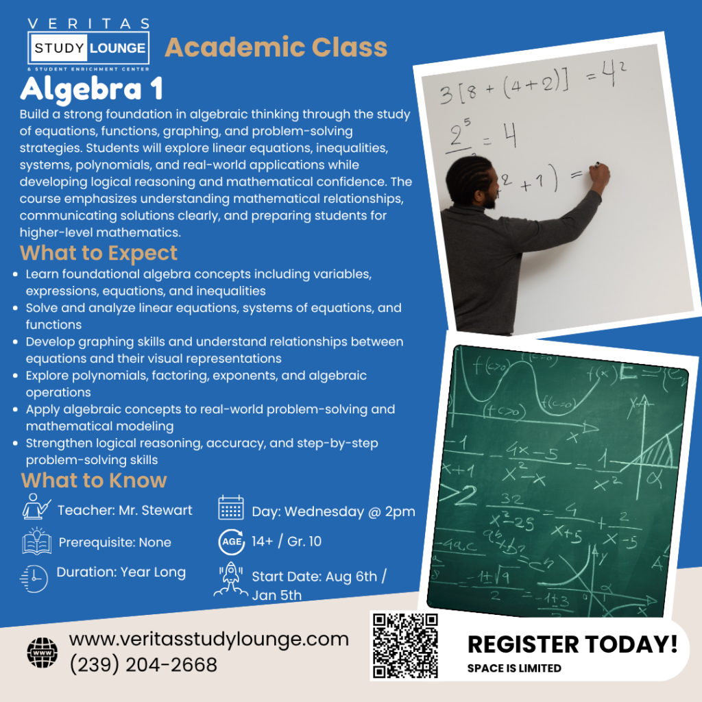 Algebra 1 class poster with course details and math equations