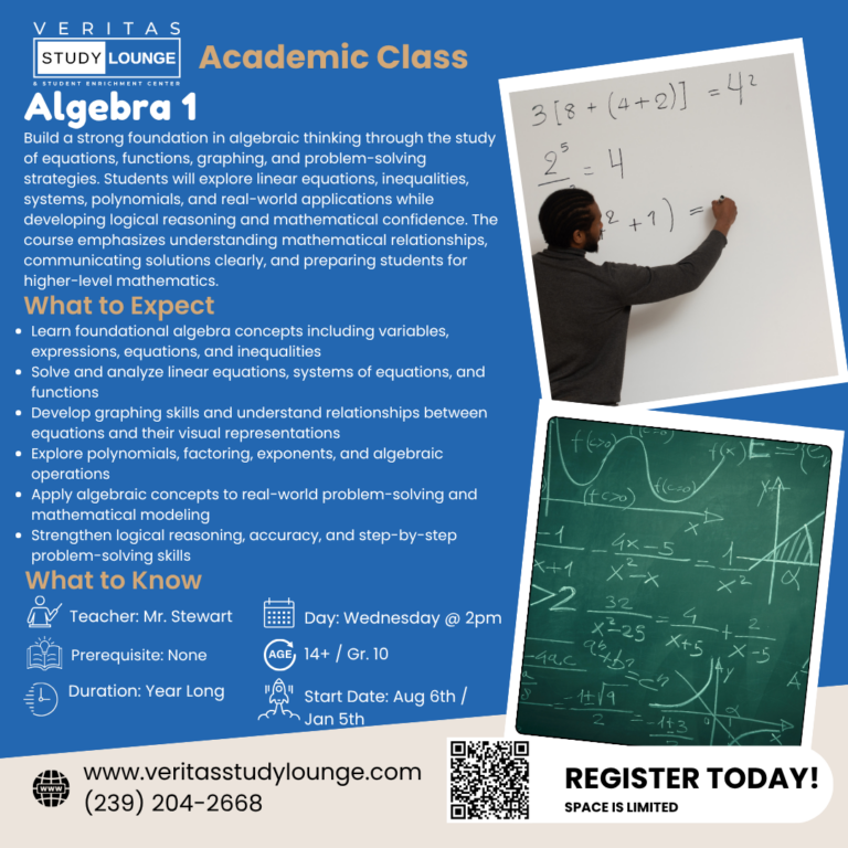 Algebra 1 class poster with course details and math equations