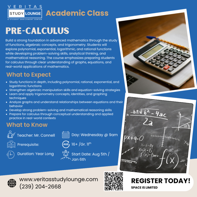 Veritas Study Lounge Pre-Calculus poster with calculator and math equations