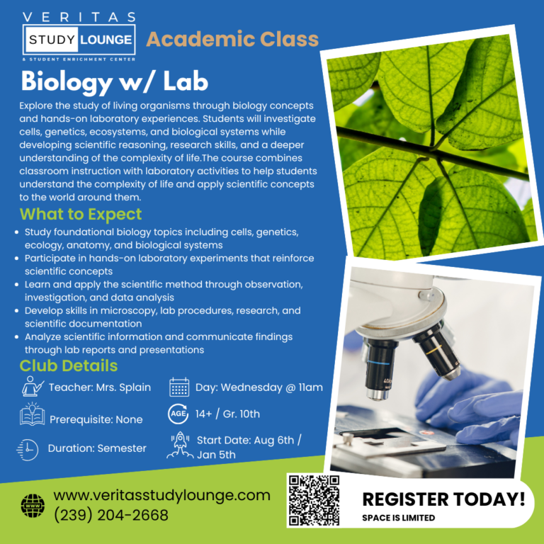 Veritas Study Lounge Biology Class flyer: leaves, microscope, class details