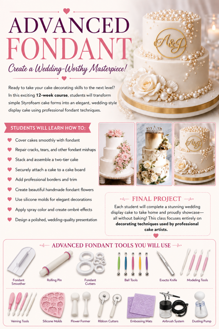 Advanced Fondant: Wedding cake decorating course flyer with cakes and tools