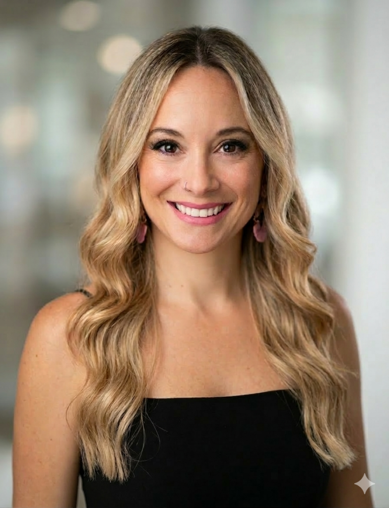 Amy Button, a blonde woman with wavy hair, smiles at the camera