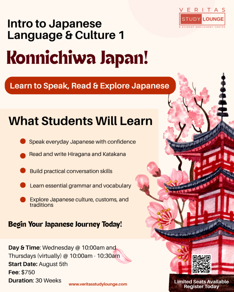 Poster for "Intro to Japanese Language & Culture 1" class, featuring Japanese pagoda and cherry blossoms.