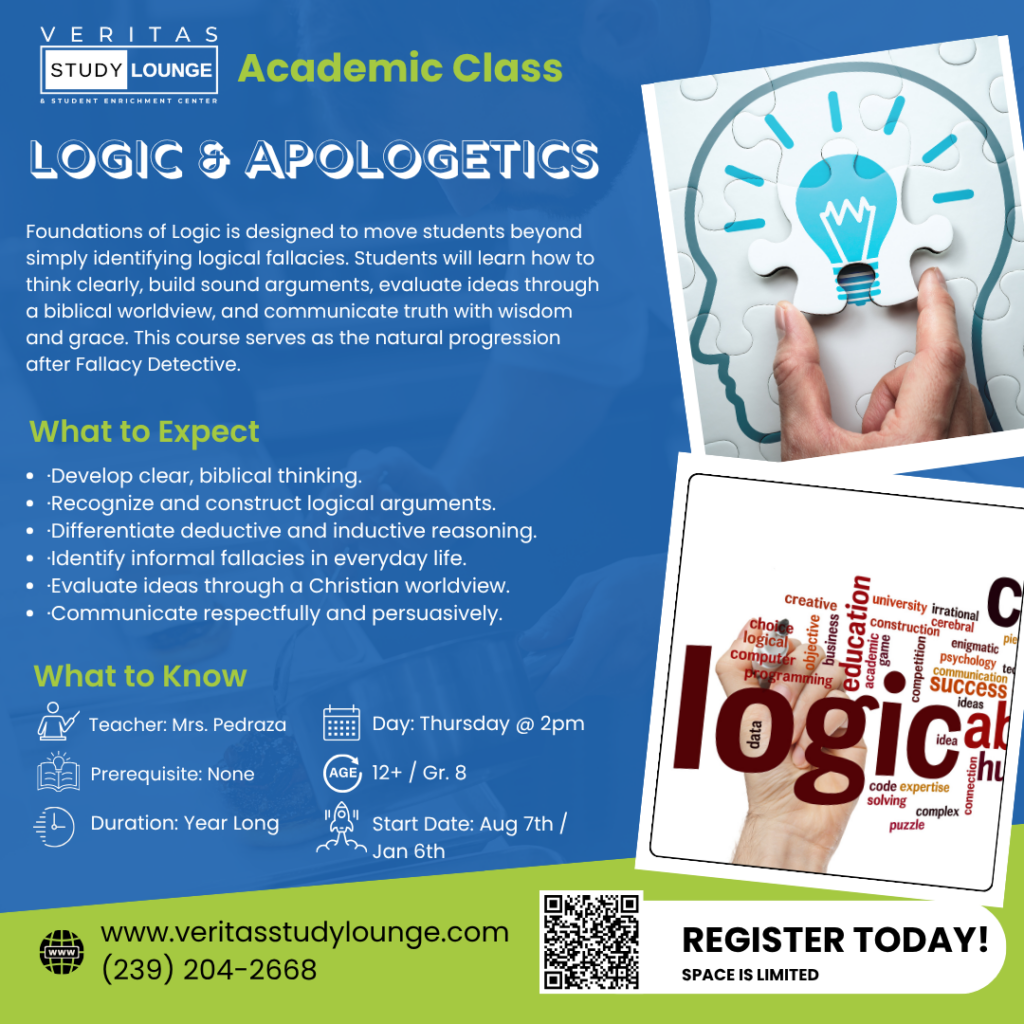Veritas Study Lounge: Logic & Apologetics academic class flyer