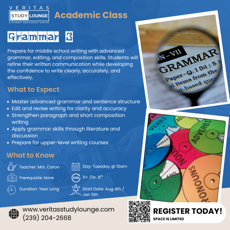 Veritas Study Lounge: Academic Class - Grammar 3, with details on course content and registration.