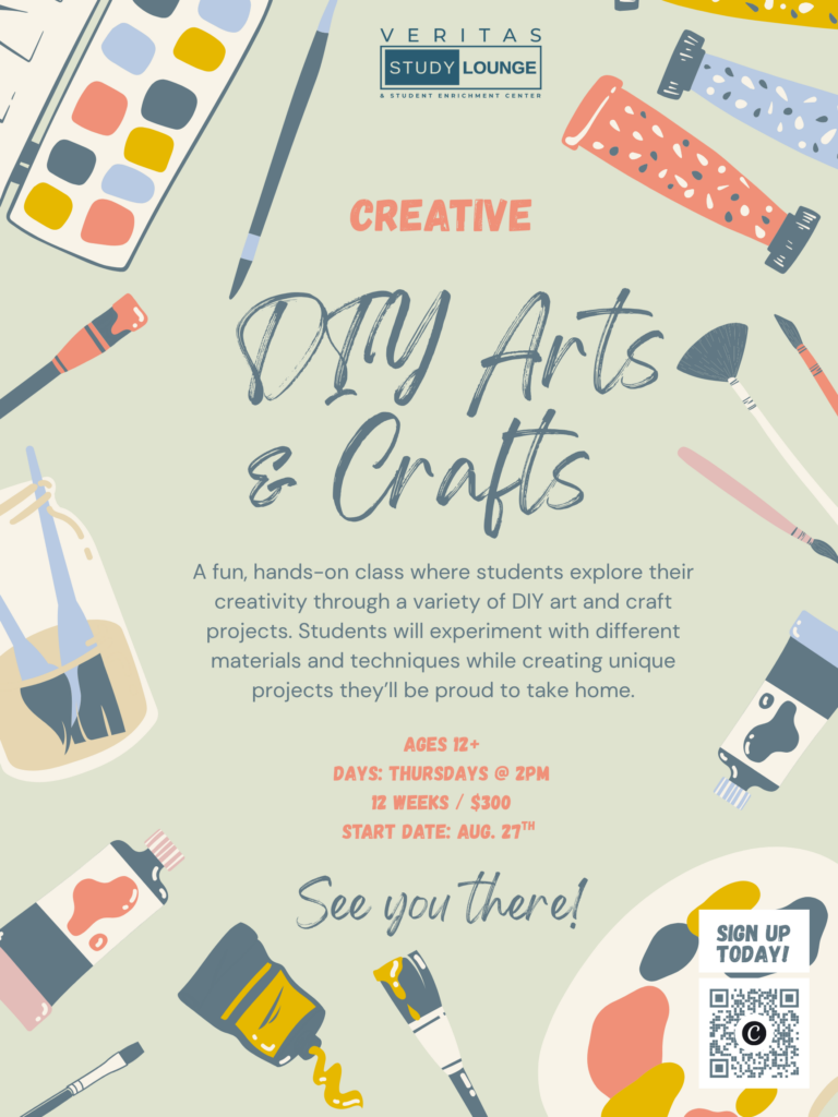 Creative DIY Arts & Crafts class flyer: Ages 12+, Thursdays 2 PM, $300.