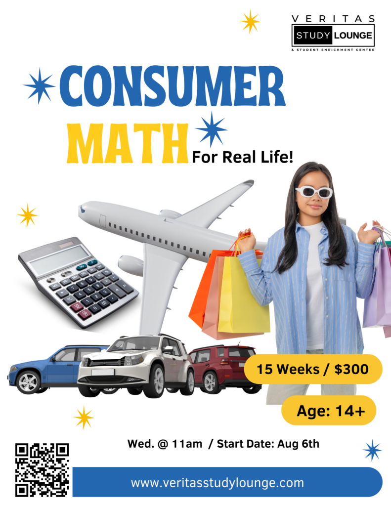 Consumer Math course flyer: calculator, plane, cars, shopping bags, woman. Ages 14+, $300, Aug 6th.