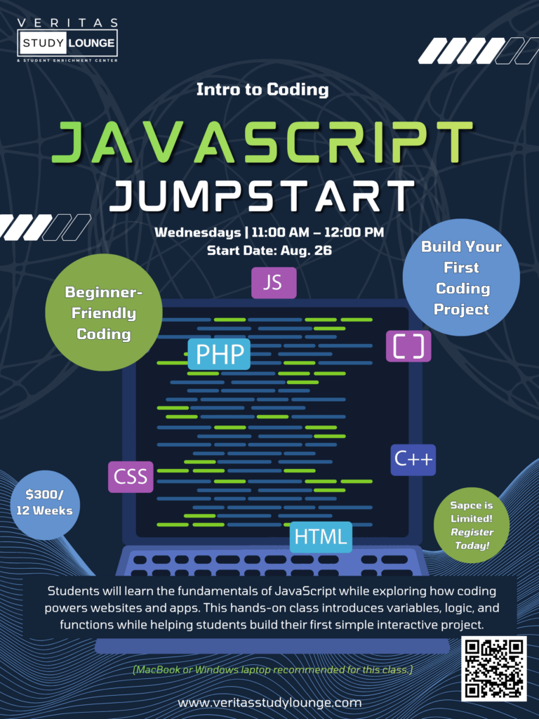 Intro to Coding: JavaScript Jumpstart class poster with code snippets.