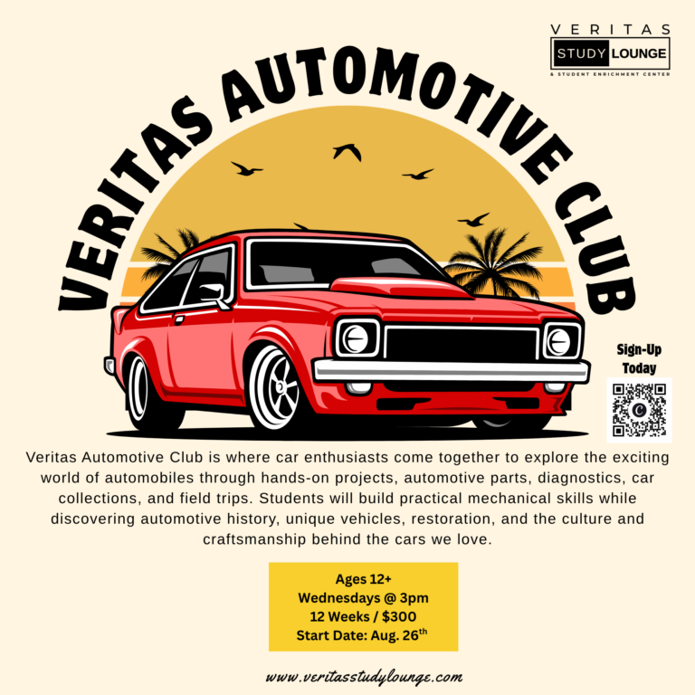 Veritas Automotive Club: Red car graphic, club info, ages 12+, Wed 3pm, $300