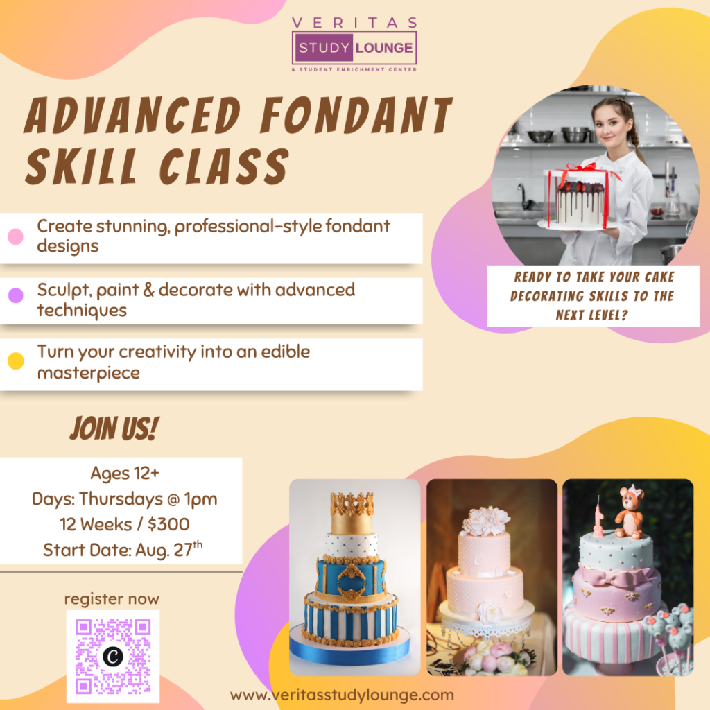 Advanced fondant skill class poster with cake examples and class details