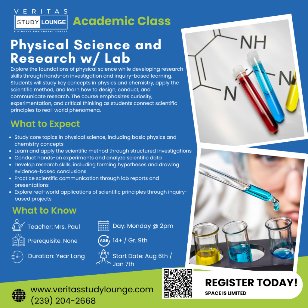 Veritas Study Lounge: Physical Science and Research w/Lab class flyer.