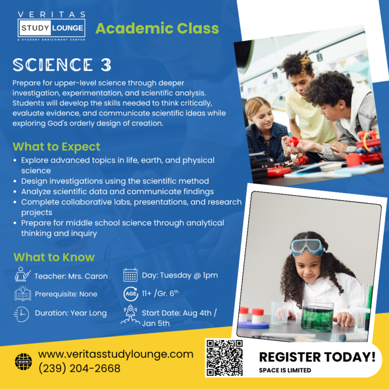 Veritas Study Lounge Science 3 class flyer with kids doing experiments