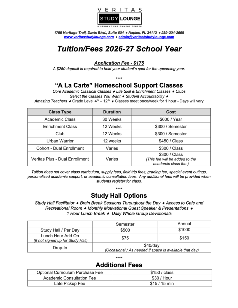 Veritas Study Tuition and Fees for 2026-27 School Year
