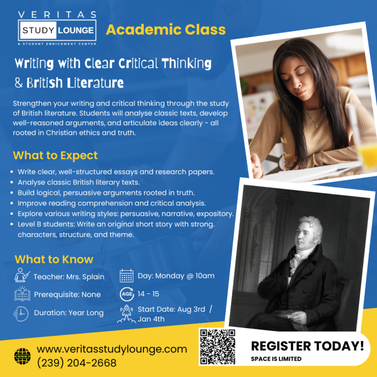 Veritas Study Lounge poster for British Literature class: Writing with Clear Critical Thinking.