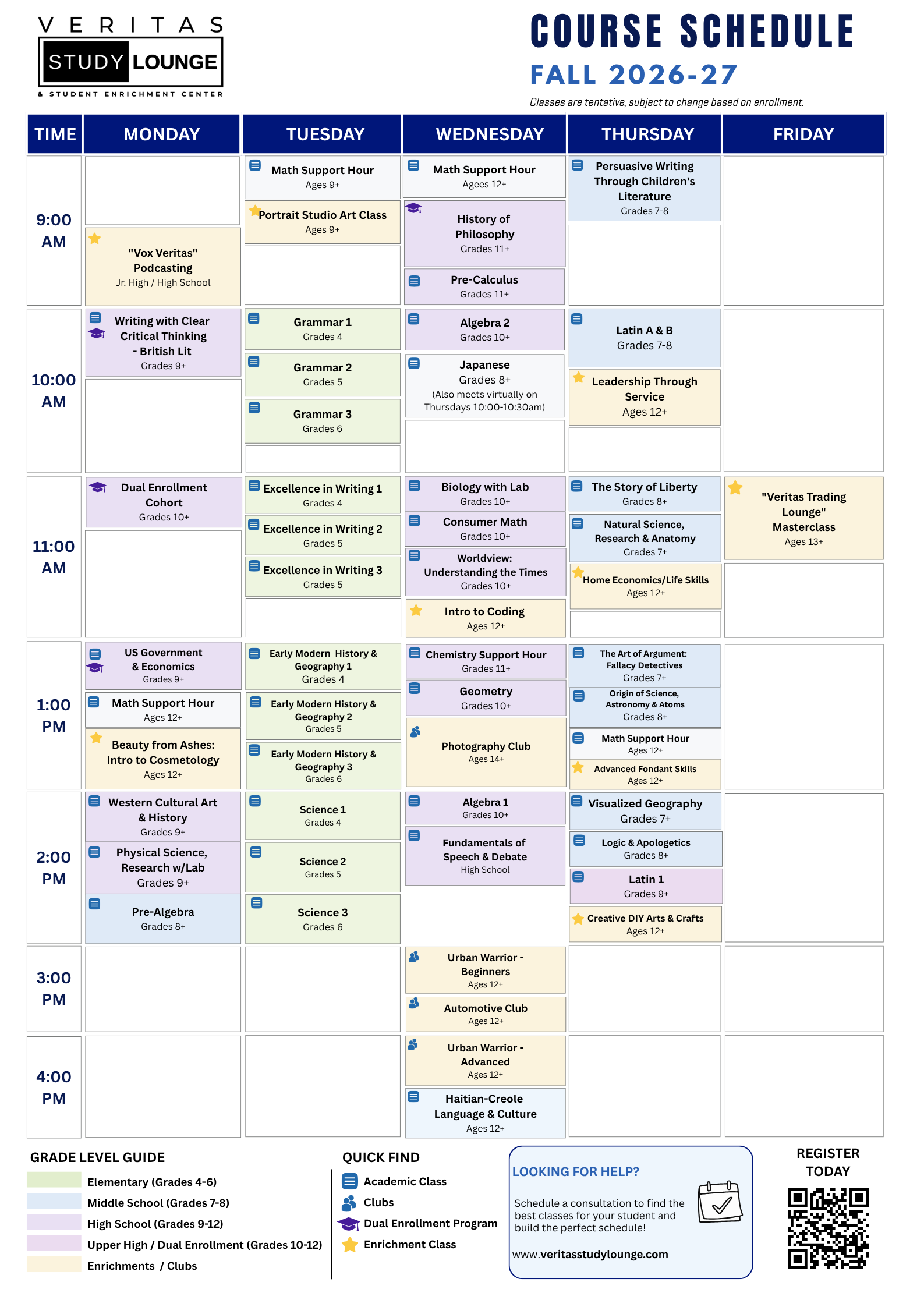 Veritas Study Lounge 2025-26 course schedule with daily class times and subjects.
