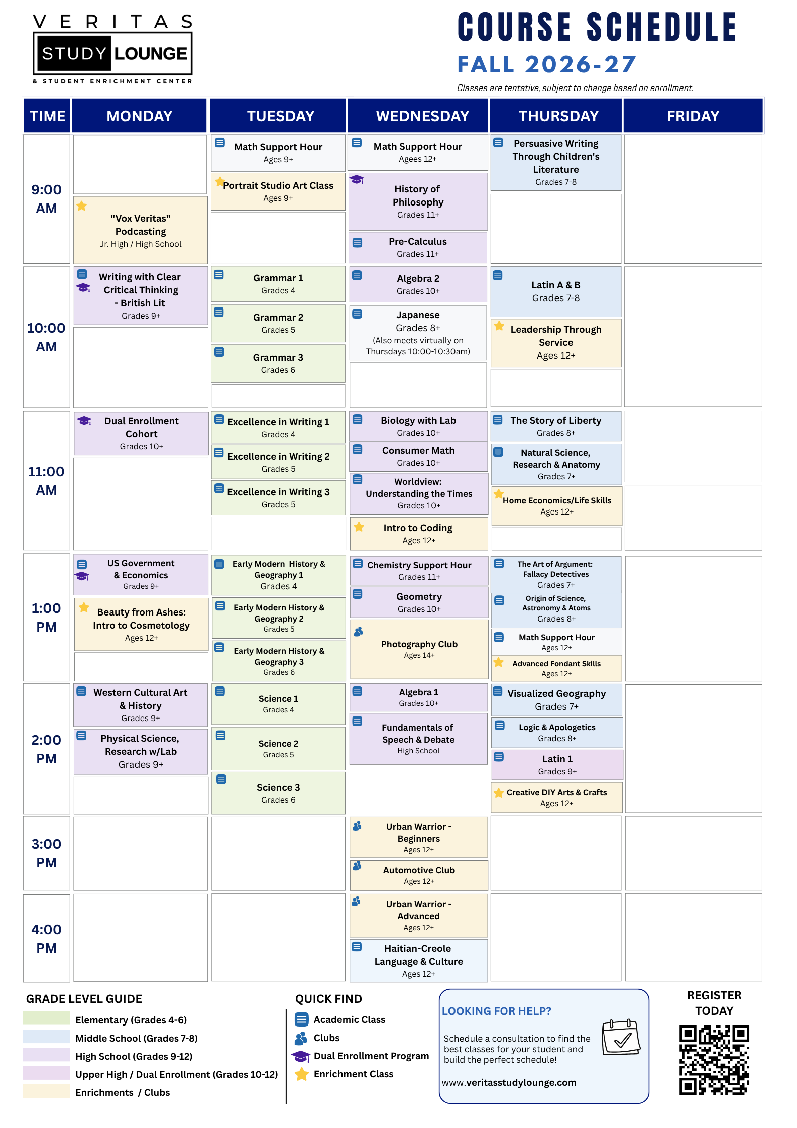Veritas Study Lounge 2026-27 course schedule with daily class listings.